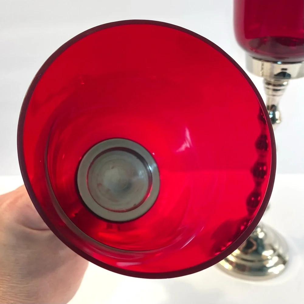 Z Gallerie Carmen 13” Red Glass & Silver Nickel Metal Votive Candleholders Set